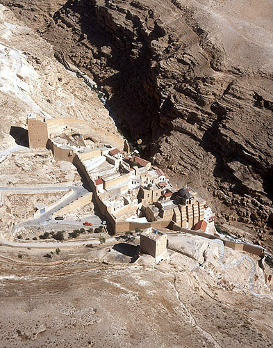 Israel, Mar Saba Monastery, Greek Orthodox monastery overlooking Kidron Valley, founded 483 by Saint Sabas of Mutalska, Cappadocia, aerial view from the south west