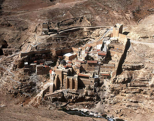 Israel, Mar Saba Monastery, Greek Orthodox monastery overlooking Kidron Valley, founded 483 by Saint Sabas of Mutalska, Cappadocia, aerial view from the east