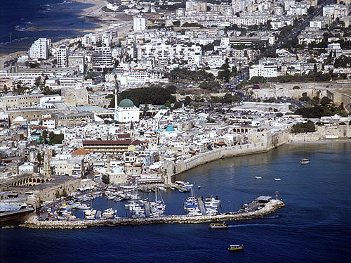 Aerial view looking north across the city, Acre, Israel