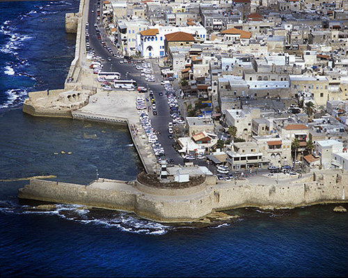 Aerial view of the crusader walls, Acra, Israel