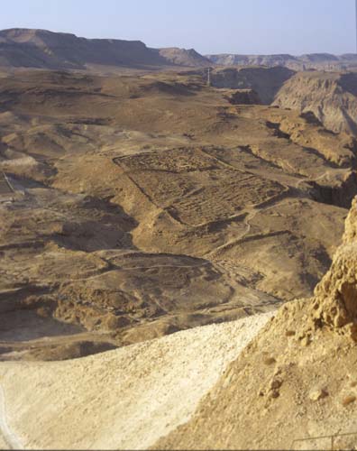 Roman camp west of Masada with Judean Hills beyond, Israel