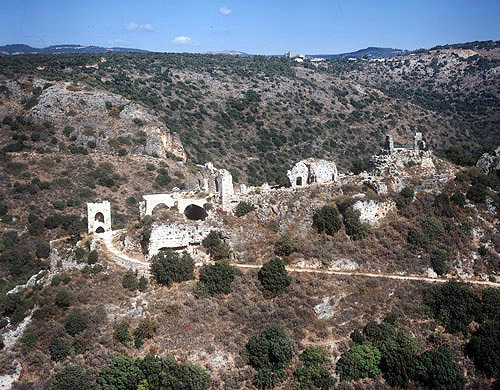 Montfort crusader castle, fortified by Teutonic order of Knights in 1229, aerial view from south, Montfort, Israel