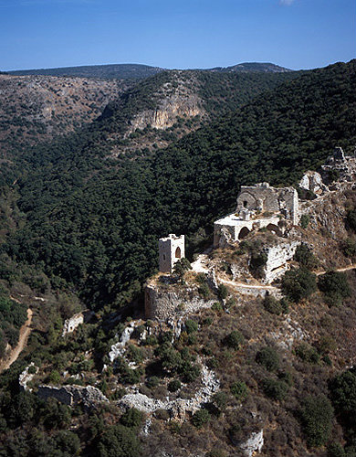 Montfort crusader castle, fortified by Knights of Teutonic order in 1229, aerial view from south west, Montfort, Israel
