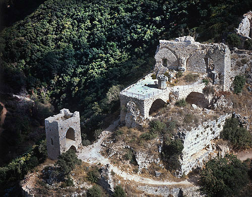 Montfort crusader castle, fortified by Knights of Teutonic order in 1229, aerial view from south west, Montfort, Israel