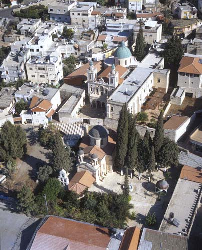 Greek orthodox church in foreground, Franciscan Church behind, aerial view of Cana, known today as Kafr Kanna, Israel