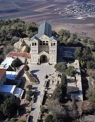Israel, aerial view of the Church of the Transfiguration on Mount Tabor from the west