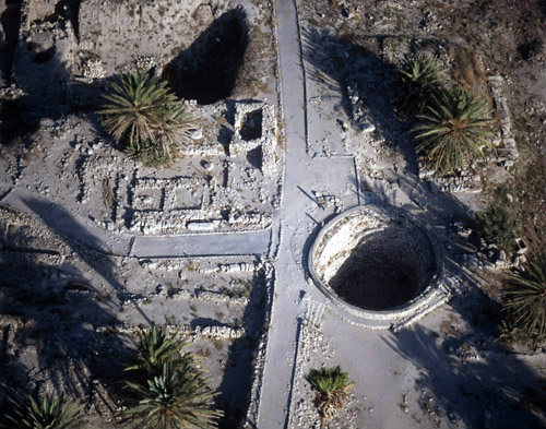 Israel, Megiddo, aerial close up of iron age water system
