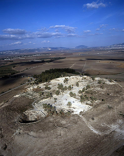 Megiddo, city founded before 3,000 BC, aerial view of excavations looking south