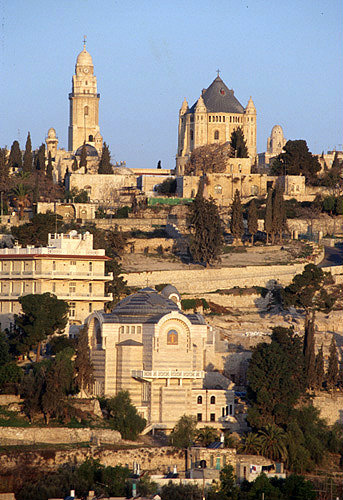 Israel, Jerusalem, Dormition Abbey, Mount Zion and St Peter in Gallicantu at sunrise