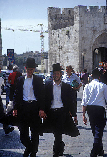 Israel, Jerusalem, two young Orthodox Jews in the old city
