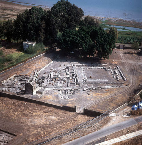 Israel, Magdala, aerial of third to fourth century ruins on the shore of the Sea of Galilee
