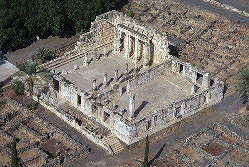 Synagogue, third or fourth century, from south east, aerial, Capernaum, Israel