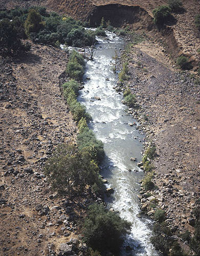 Israel, aerial view of the River Jordan north of Galilee looking south