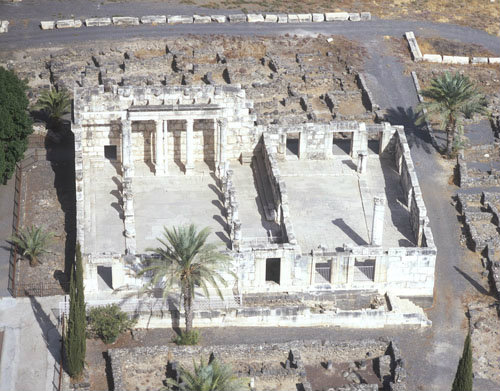 Synagogue, fourth century AD, aerial from the south, Capernaum, Israel