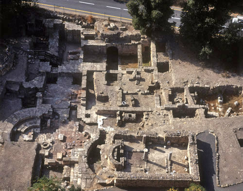 Israel, Banyas, aerial view of church and other ruins