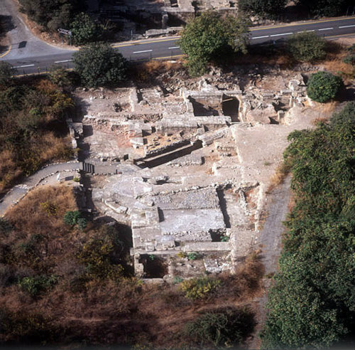 Israel, Banyas, aerial view of Palace of Agrippa II beside route 99