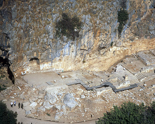 Israel, Banyas, aerial view of the niches in the temple of Pan in the cliffs above Banyan spring