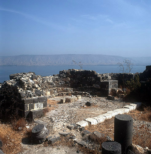 Israel, Tiberius, Mount Berenice, apse of Anchor Church with the Mountains of Gilead across the Sea of Galilee