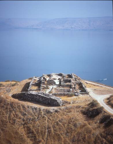 Anchor Church, 6th century, Mt Berenice, aerial view with Gilead mountain behind, Galilee, Israel