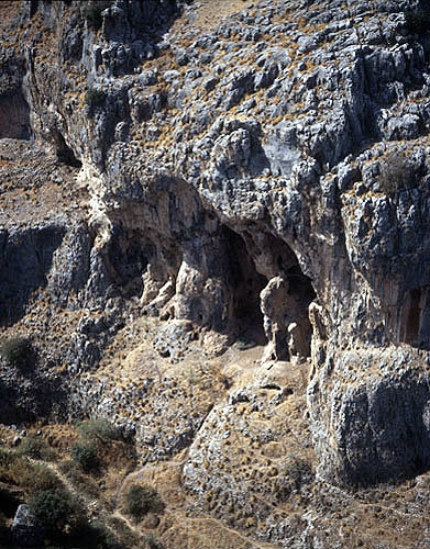 Cave with stalagmites, Nahal Amud, aerial view, Galilee, Israel
