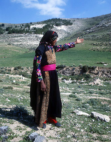 Israel, Bedouin girl pointing to her sheep
