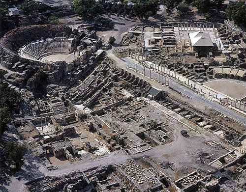Israel, Beth Shean, aerial view of the theatre, baths and Palladius Street