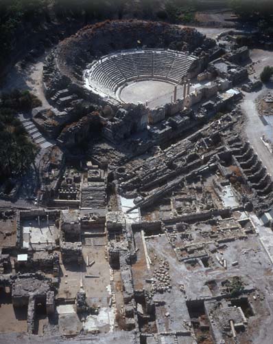 Beth Shean, aerial view of the theatre and ruins, Israel