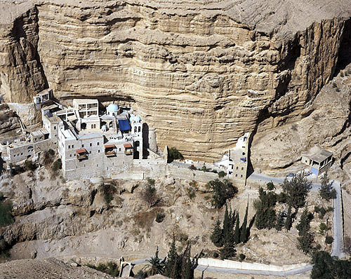 Israel, aerial view of St Georges Monastery, Wadi Qilt, seen from the south