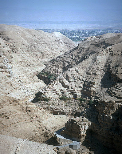 Israel, Jericho, aerial, view looking east down Wadi Qilt