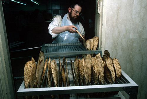 Israel Jerusalem Ultra-Orthodox Jews make Matza for Pesach  Passover Festival Jew removing matza from the baking rack