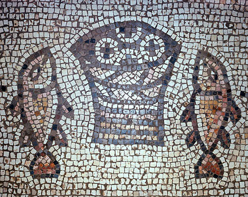 Israel, Galilee, mosaic of loaves and fishes in the Byzantine Church at Tabgha 6th century