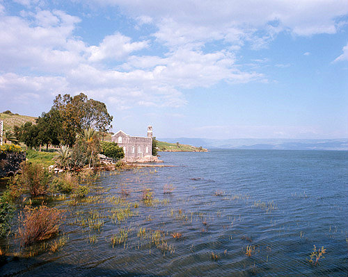 Israel, the Church of the Primacy at Tabgha on the Sea of Galilee, shows water level of thiry years ago, now much receded
