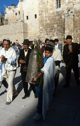 Israel Jerusalem Sephardic Jewish boy carrying the Torah at his Bar mitzvah ceremony