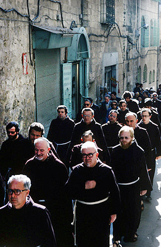 Franciscans in Good Friday procession, Via Dolorosa, Jerusalem, Israel