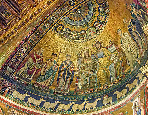 Christ and Virgin enthroned, with St Peter, ascribed to Pietro Cavallini, thirteenth century, Santa Maria in Trastevere, Rome, Italy