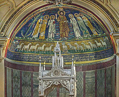 Christ blessing, flanked by saints, with sheep as apostles below, ninth century, in apse of Santa Cecilia in Trastevere, Rome, Italy