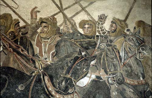 Alexander mosaic, Battle at Issus, horsemen, circa 100 BC, from the House of the Faun, Pompeii, now in National Archaeological Museum, Naples, Italy