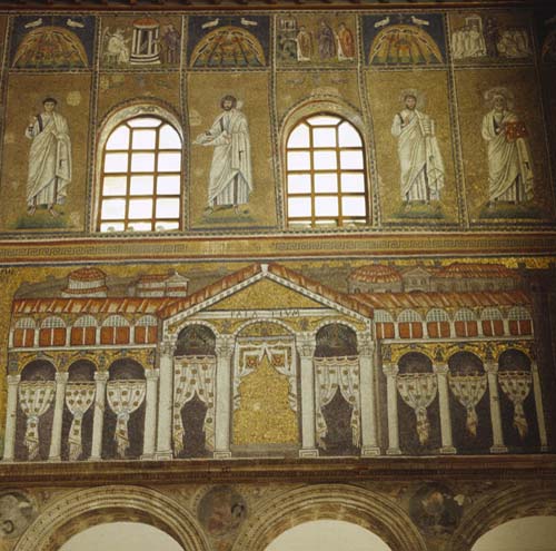 View of buildings of Ravenna with saints and prophets, Church of Sant Apollinare Nuovo, Ravenna, Italy