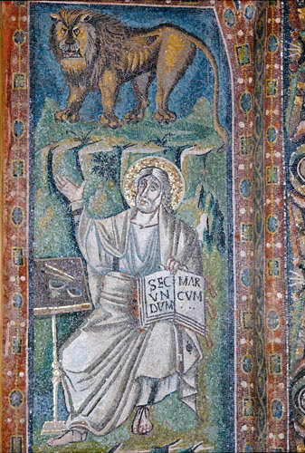 Italy, Ravenna,  San Vitale  St Mark and his symbol 6th century Byzantine mosaic
