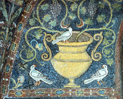 Italy, Ravenna the Vine and the Dove symbols of the resurrection, 6th century Byzantine mosaic in San Vitale