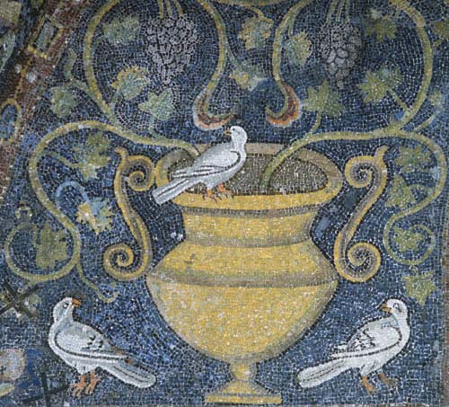 Vine representing eucharist chalice and trinity of doves symbolising resurrection, Church of San Vitale, Ravenna, Italy