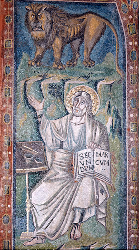 Italy, Ravenna St Mark and the lion, 6th century Byzantine mosaic, San Vitale