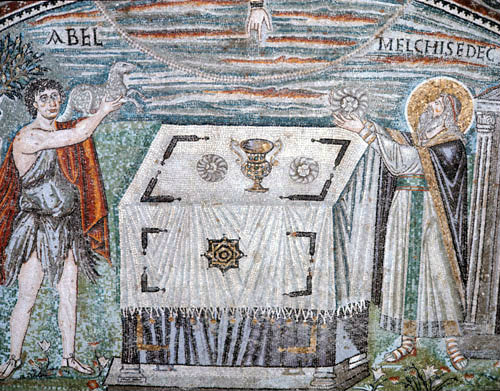 Italy, Ravenna sacrifices of Abel and of Melchizedek, 6th century Byzantine mosaic in the lunette of the Basilica of San Vitale