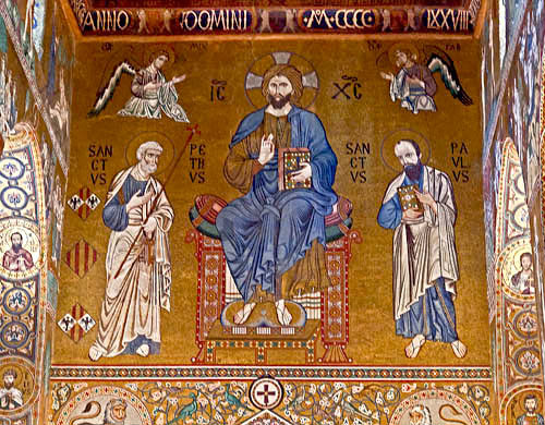 Christ between saints Peter and Paul, Palatine Chapel, Palermo, Sicily, Italy