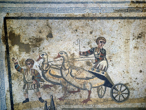 Goose chariot, third to fourth century, vestibule of the small circus, Villa Romana del Casale, Piazza Armerina, Sicily, Italy