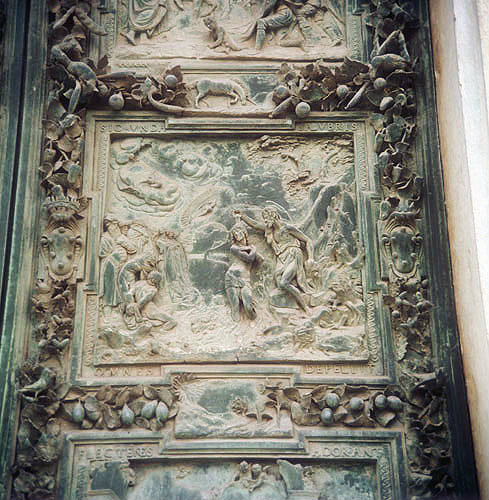 Baptism of Christ, detail of sixteenth century bronze panel in west door, Duomo, Pisa, Italy