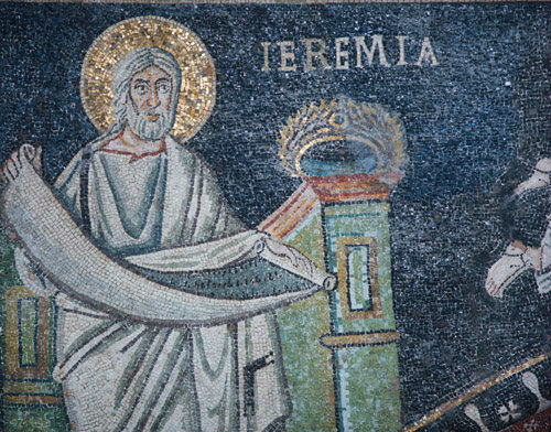 Italy Ravenna San Vitale Jeremiah detail of the prophet holding scroll 6th century Byzantine  mosaic