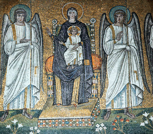 Italy, Ravenna, the Blessed Virgin Mary and Child 6th century Byzantine mosaic Sant