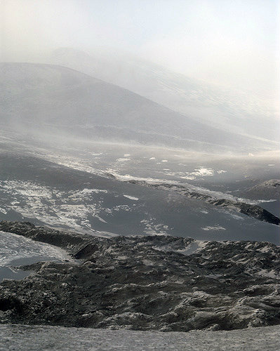 Mount Etna near the summit in mist and smoke, Sicily, Italy
