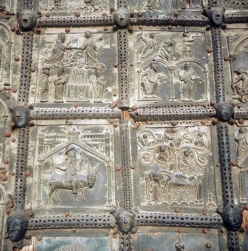 Balaam and the Ass, Tree of Jesse, Moses and Tablets and Sacrifice of Isaac, bronze door sculpture, twelfth century, San Zeno, Verona, Italy